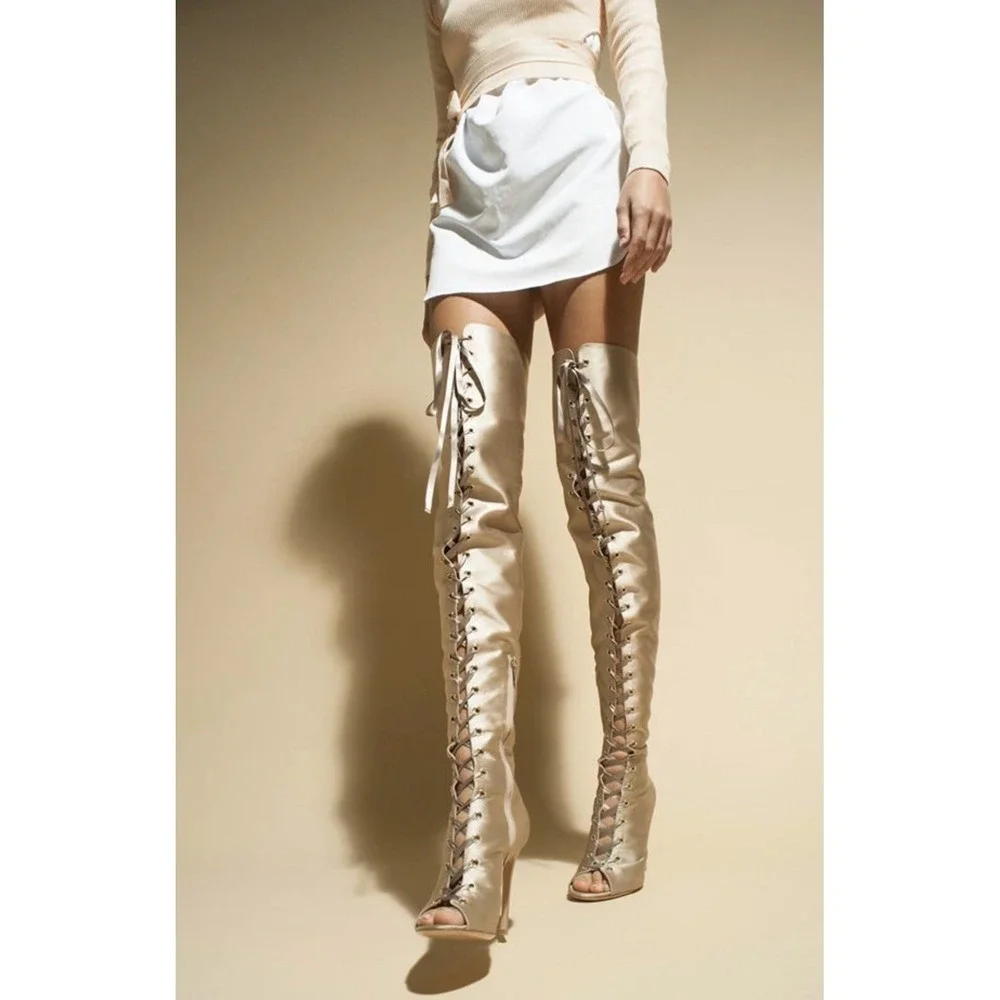 NEW Gianvito Rossi Marie Satin Lace Up Over the Knee Thigh High Boots Sz 40
